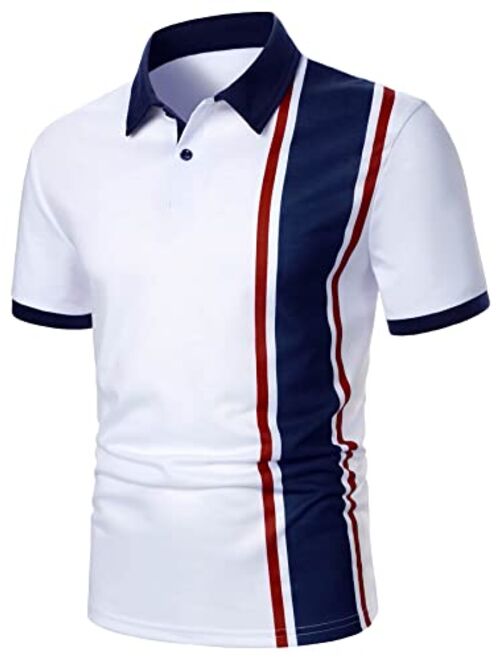 SOLY HUX Men's Striped Print Classic Golf Shirts Short Sleeve Button Collared Casual Work Shirt Top