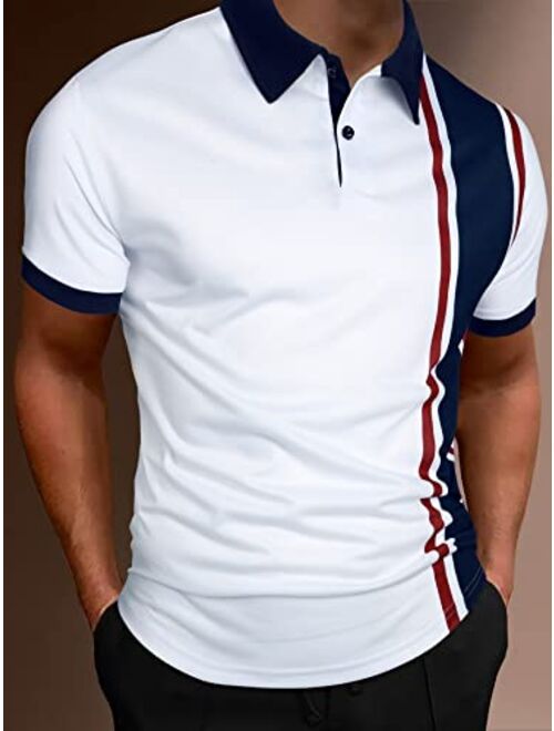 SOLY HUX Men's Striped Print Classic Golf Shirts Short Sleeve Button Collared Casual Work Shirt Top