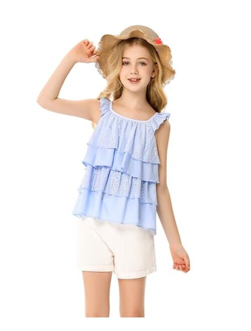 Kukume Girls Summer Tank Top Ruffle Layered Casual Cute Loose Fit Flowy Swing Blouse Shirt for 3-12 Years