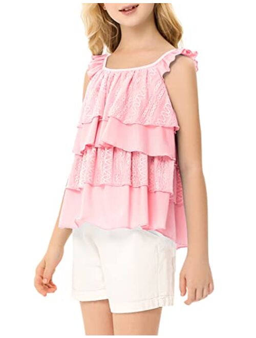 Kukume Girls Summer Tank Top Ruffle Layered Casual Cute Loose Fit Flowy Swing Blouse Shirt for 3-12 Years