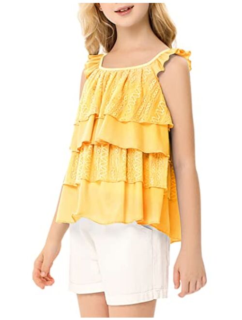 Kukume Girls Summer Tank Top Ruffle Layered Casual Cute Loose Fit Flowy Swing Blouse Shirt for 3-12 Years