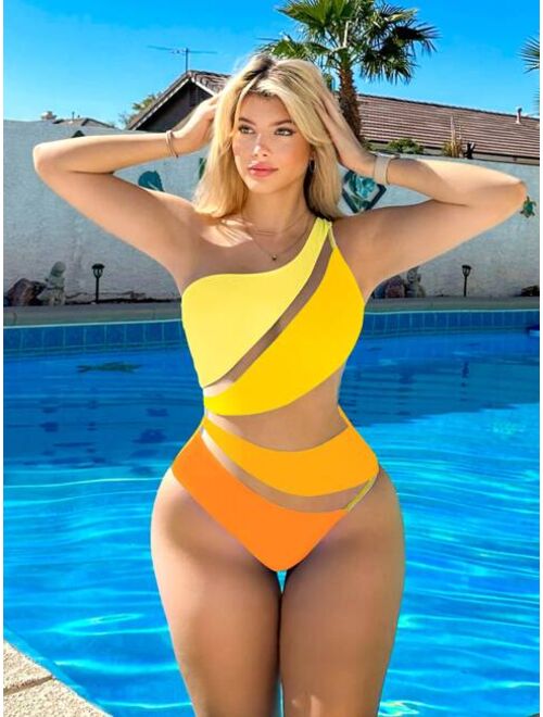 Bikinx One Shoulder Color Block Mesh Insert One Piece Swimsuit