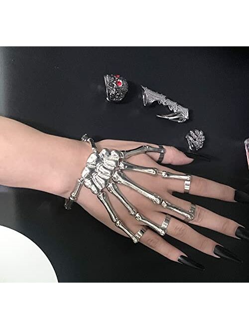 LAKIYOYO 4pcs Halloween Skull Skeleton Hand Bracelet with Ring Punk Wristband Skull Fingers Hand Bracelet Skeleton Ring Hallowmas Gifts Jewelry