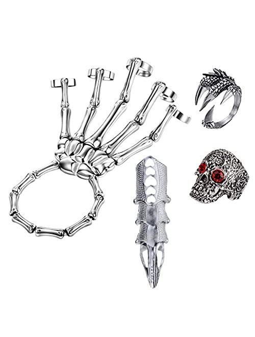 LAKIYOYO 4pcs Halloween Skull Skeleton Hand Bracelet with Ring Punk Wristband Skull Fingers Hand Bracelet Skeleton Ring Hallowmas Gifts Jewelry