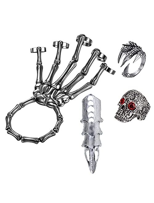 LAKIYOYO 4pcs Halloween Skull Skeleton Hand Bracelet with Ring Punk Wristband Skull Fingers Hand Bracelet Skeleton Ring Hallowmas Gifts Jewelry