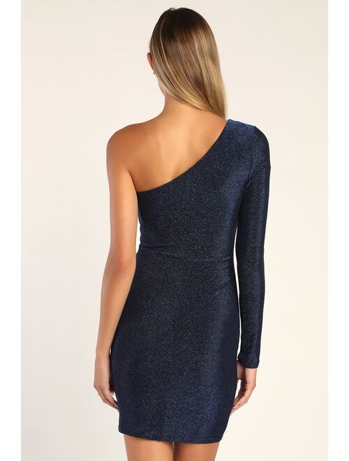 Lulus Stunner Navy Blue Metallic Ruched One-Shoulder Homecoming Bodycon Dress