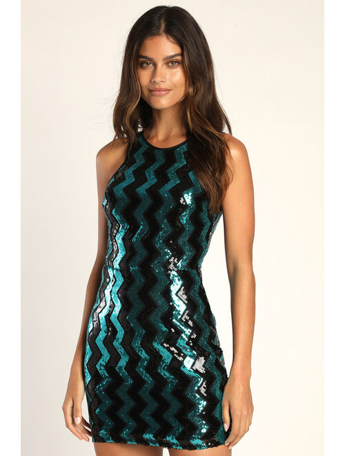 Lulus Always Shine Teal and Black Zig Zag Sequin Homecoming Bodycon Mini Dress