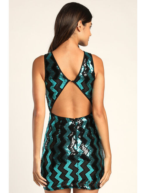 Lulus Always Shine Teal and Black Zig Zag Sequin Homecoming Bodycon Mini Dress