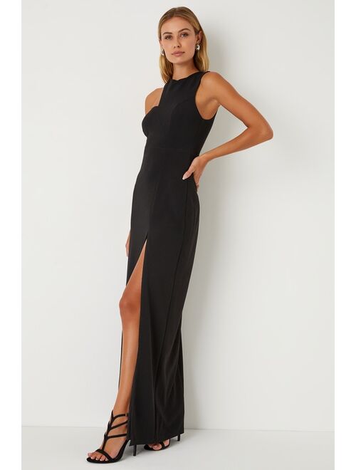 Lulus Poised Preparation Black Asymmetrical Column Maxi Dress