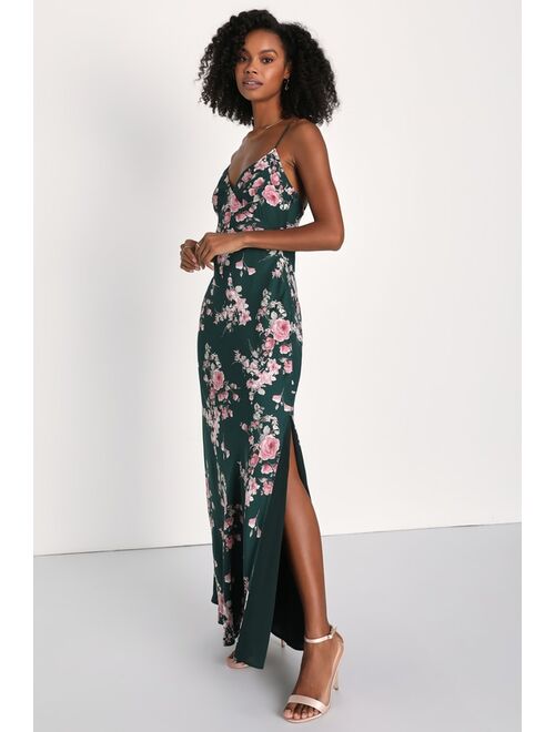 Lulus Irresistible Poise Green Floral Print Satin Slip Maxi Dress