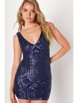 Glittering Aura Navy Blue Sequin V-Neck Homecoming Bodycon Mini Dress