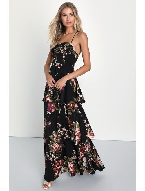 Lulus Enchanting Blossom Black Floral Satin Lace-Up Tiered Maxi Dress