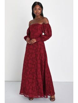Radiantly Stunning Wine Red Burnout Off-the-Shoulder Maxi Dress