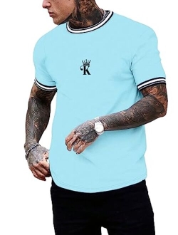 Men's Crown Letter Print Striped Trim Tee Tops Short Sleeve Crew Neck Summer T Shirt