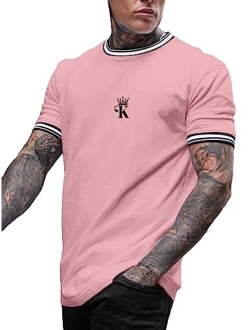 Men's Crown Letter Print Striped Trim Tee Tops Short Sleeve Crew Neck Summer T Shirt