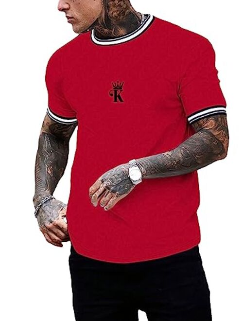 SOLY HUX Men's Crown Letter Print Striped Trim Tee Tops Short Sleeve Crew Neck Summer T Shirt