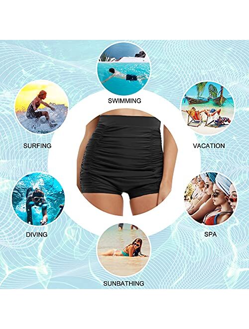 Firpearl Women's High Waisted Bikini Bottom 50s Ruched Boyleg Swim Shorts Swimsuit Bottom