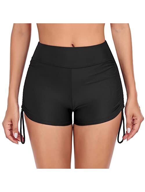 Firpearl Women's High Waisted Swim Shorts UPF50+ Sport Board Shorts Wide Waistband Drawstring Swimsuit Bottoms