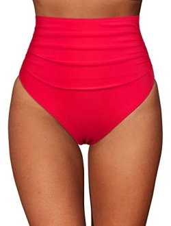 Women's High Waisted Bikini Bottom Retro Ruched Tankini Brief Tummy Control Swim Bottoms