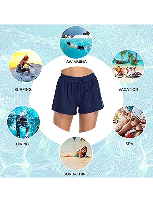 Firpearl Women's Swim Board Shorts Plus Size Wide Waistband Drawstring Tankini Swimsuit Bottoms with bulit in Brief