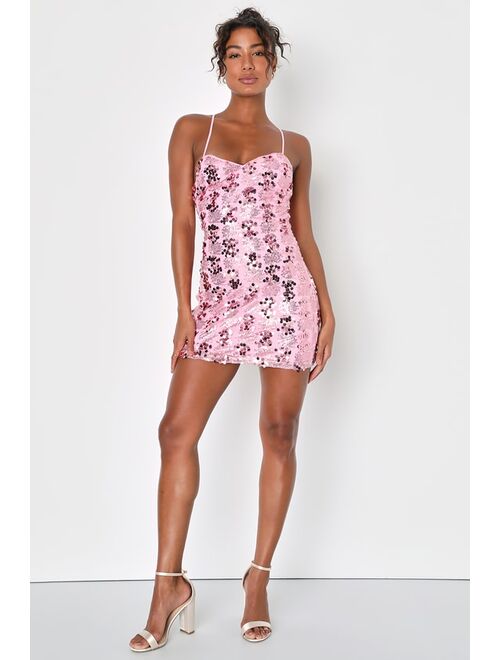 Lulus Love to Celebrate Pink Sequin Lace-Up Mini Homecoming Bodycon Dress