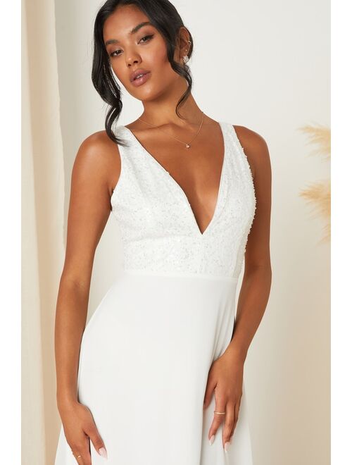 Lulus Adoring Vow White Chiffon Sheer Mesh Sequin A-Line Maxi Dress