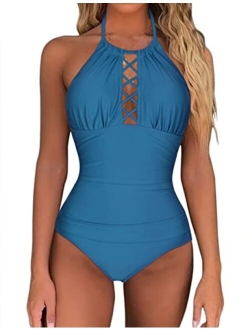 Women's One Piece Swimsuits High Neck Cutout Ruched Tummy Control Swimwear