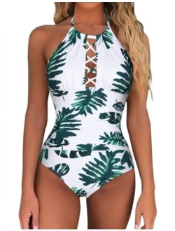 Women's One Piece Swimsuits High Neck Cutout Ruched Tummy Control Swimwear