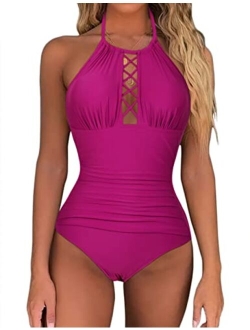 Women's One Piece Swimsuits High Neck Cutout Ruched Tummy Control Swimwear