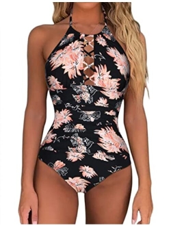 Women's One Piece Swimsuits High Neck Cutout Ruched Tummy Control Swimwear