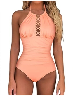 Women's One Piece Swimsuits High Neck Cutout Ruched Tummy Control Swimwear