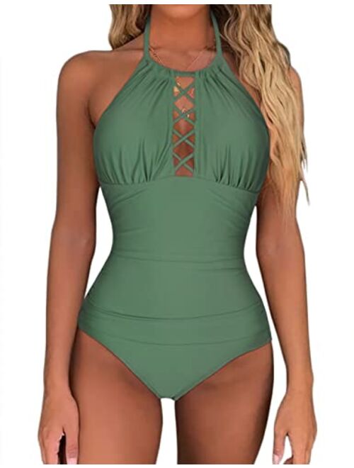 Firpearl Women's One Piece Swimsuits High Neck Cutout Ruched Tummy Control Swimwear