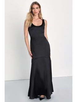 Enchanting Sophistication Black Satin Mermaid Maxi Dress