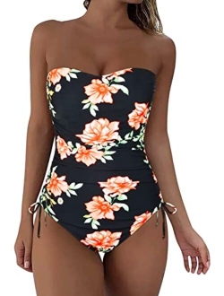 Strapless One Piece Bathing Suit for Women Ruched Tummy Control Bandeau Swimsuits Slimming Tube Top Swimwear