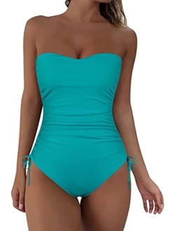 Strapless One Piece Bathing Suit for Women Ruched Tummy Control Bandeau Swimsuits Slimming Tube Top Swimwear