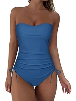 Strapless One Piece Bathing Suit for Women Ruched Tummy Control Bandeau Swimsuits Slimming Tube Top Swimwear