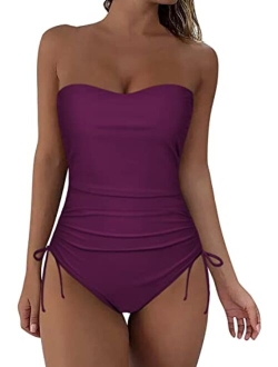 Strapless One Piece Bathing Suit for Women Ruched Tummy Control Bandeau Swimsuits Slimming Tube Top Swimwear