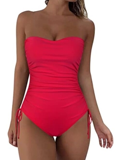 Strapless One Piece Bathing Suit for Women Ruched Tummy Control Bandeau Swimsuits Slimming Tube Top Swimwear