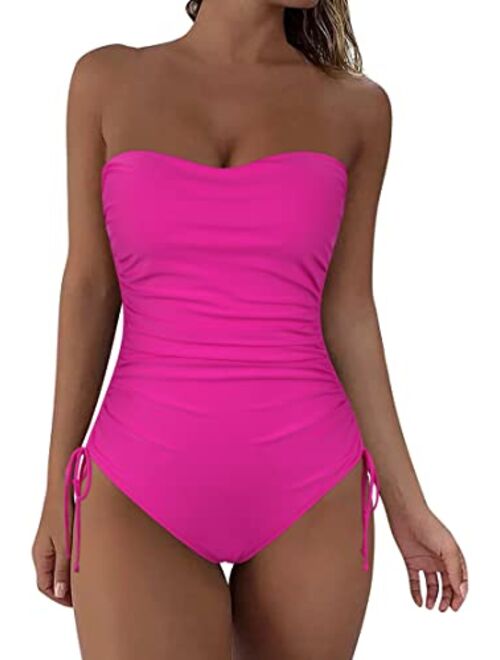 Firpearl Strapless One Piece Bathing Suit for Women Ruched Tummy Control Bandeau Swimsuits Slimming Tube Top Swimwear