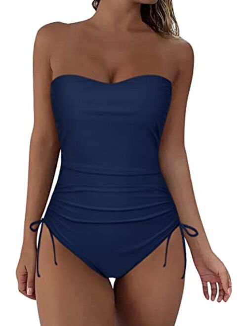 Firpearl Strapless One Piece Bathing Suit for Women Ruched Tummy Control Bandeau Swimsuits Slimming Tube Top Swimwear