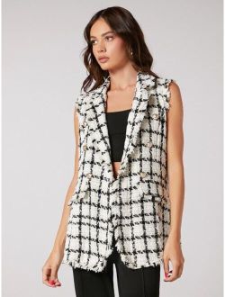 BIZwear Notch Collar Frayed Edge Tweed Vest Blazer Workwear