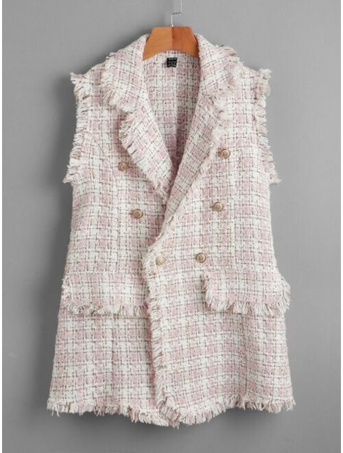 SHEIN BIZwear Notch Collar Frayed Edge Tweed Vest Blazer Workwear