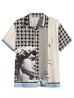 Men's Boho Print Figure Graphic Button Down Shirts Short Sleeve Summer Shirt Tops