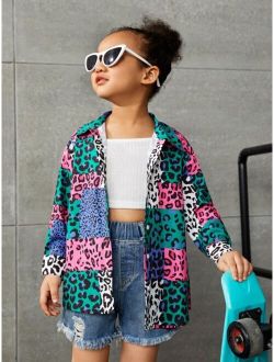 SHEIN Kids Cooltwn Toddler Girls Leopard Print Colorblock Drop Shoulder Shirt