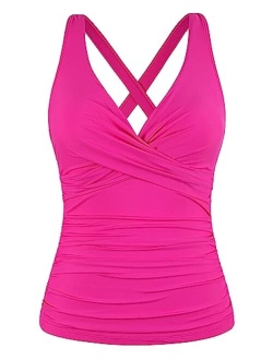 Women's Underwire Tankini Top Only Twist V Neck Swimsuits for Big Busted Ruched Tummy Control Bathing Suits Top