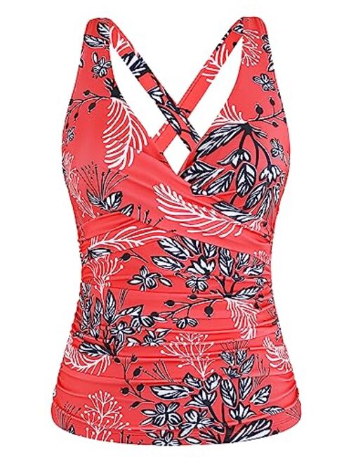 Firpearl Women's Underwire Tankini Top Only Twist V Neck Swimsuits for Big Busted Ruched Tummy Control Bathing Suits Top