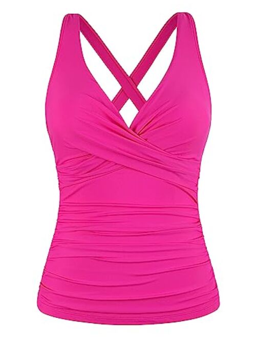 Firpearl Women's Underwire Tankini Top Only Twist V Neck Swimsuits for Big Busted Ruched Tummy Control Bathing Suits Top