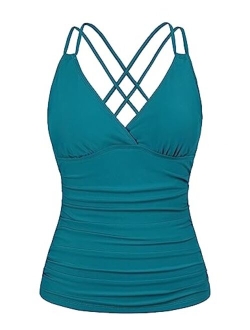 Women's Underwire Tankini Top Only V Neck Strappy Back Swimsuit Ruched Tummy Control Bathing Suits Top