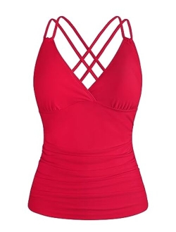 Women's Underwire Tankini Top Only V Neck Strappy Back Swimsuit Ruched Tummy Control Bathing Suits Top