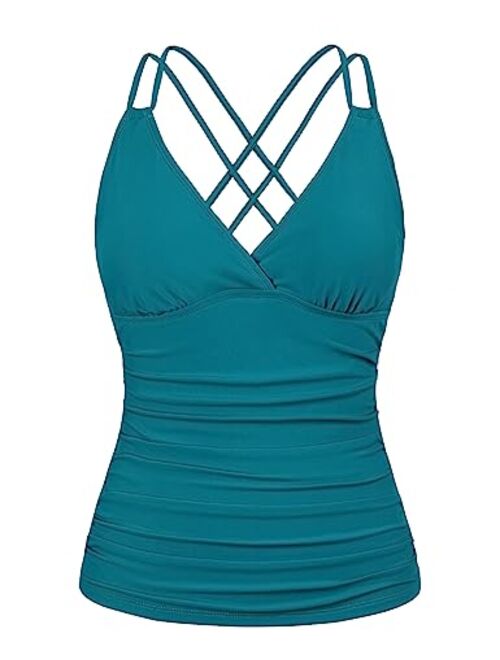 Firpearl Women's Underwire Tankini Top Only V Neck Strappy Back Swimsuit Ruched Tummy Control Bathing Suits Top